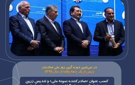 کسب عنوان «صادرکننده نمونه ملی» و تندیس زرین توسط شرکت سرمایه‌گذاری صنایع شیمیایی ایران

