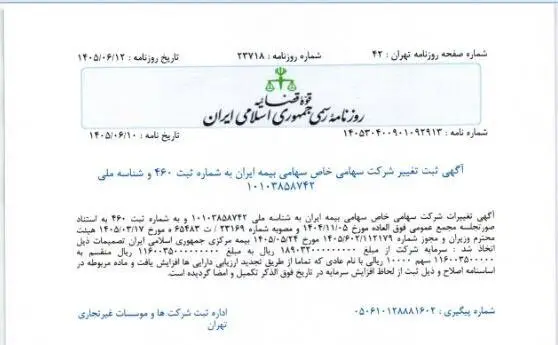 ثبت رسمی افزایش سرمایه ۱۱۶ هزار میلیارد تومانی بیمه ایران در روزنامه رسمی کشور

