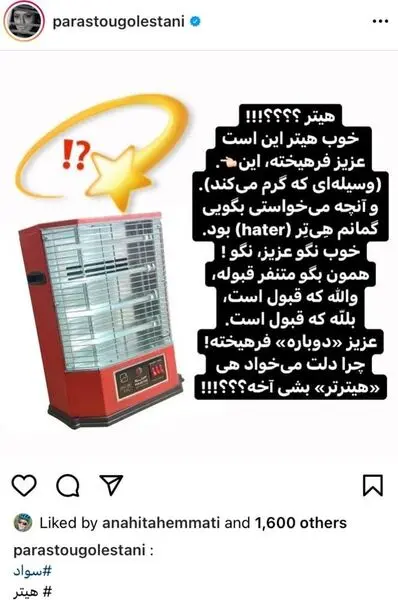 تیکه انداختن پرستو گلستانی به بهاره رهنما با انتشار عکس یک بخاری!
