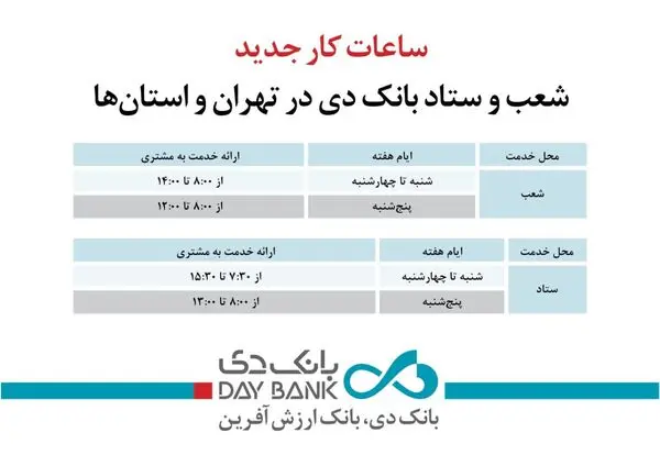 ساعات کار جدید شعب و ستاد بانک دی در تهران و استان‌ها 