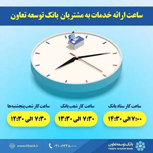 ساعت ارائه خدمات به مشتریان بانک توسعه تعاون اعلام گردید 
