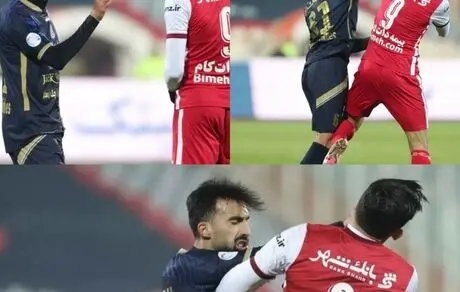 درگیری مهدی ترابی بازیکن پرسپولیس [لباس قرمز] با احمد موسوی بازیکن نساجی مازندران [لباس آبی]/ایرنا