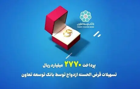 پرداخت 2770 میلیارد ریال تسهیلات قرض الحسنه ازدواج توسط بانک توسعه تعاون 